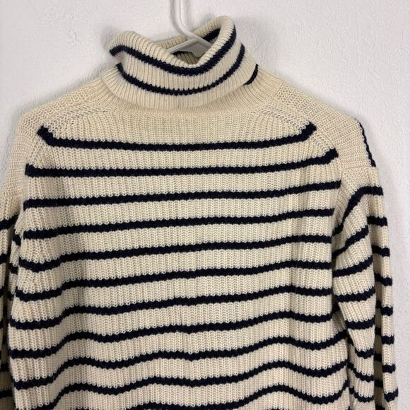 J. Crew Wool Cream & Navy Blue Striped Turtleneck Pullover Sweater Size M - Picture 7 of 11